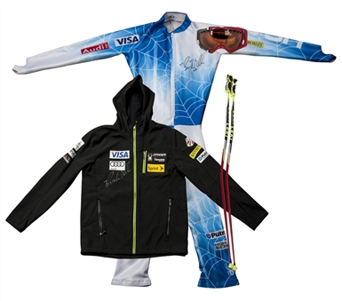 Bode Miller Lot of (4) US Ski Team/World Cup Items (Goggles, Ski Poles, Ski Jacket and Race Suit) - (Bode Miller LOAs)
